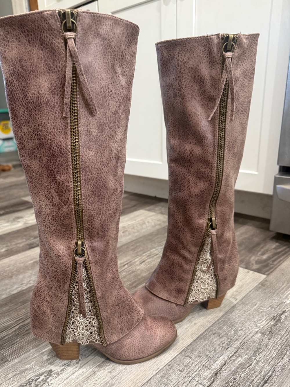 Not Rated Sassy Classy Taupe Lace-Accent Mid-Calf Boots